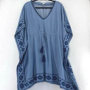 Tommy Bahama Blue Embroidered Caftan Tunic Dress Cover-Up Size M/L